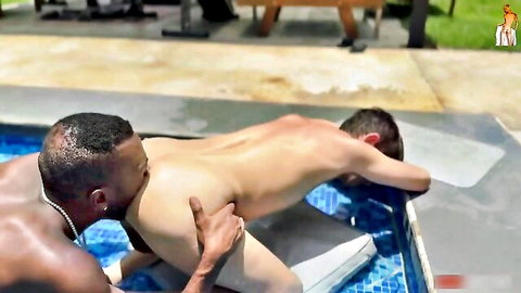 Interracial gay twinks bareback anal by poolside