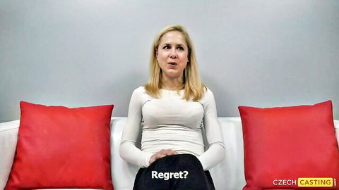 Blonde MILF Katka in white top on Czech Casting couch, regretful expression