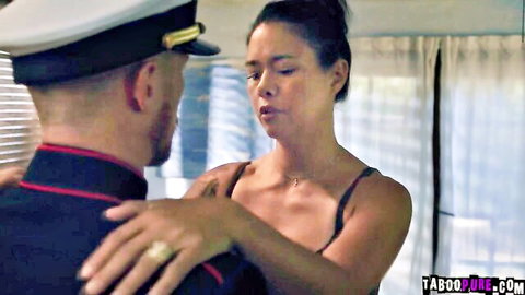 Marine in uniform intimately touches emotional brunette MILF's bare shoulder