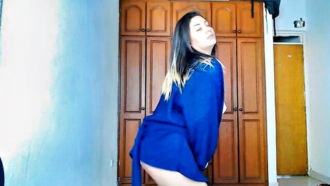 Sexy Asian woman in blue robe bending over, teasing with bare ass view