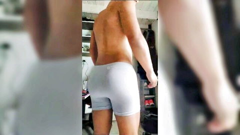 Tunenitovergon trying on tight gray boxers, showing off his firm Latino ass