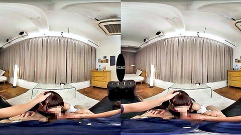 Gorgeous Japanese teen lying nude in seductive VR pose, hand teasing body