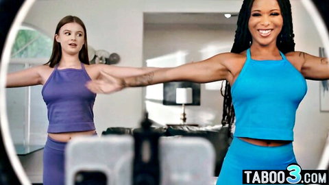 Cali Sweets stretches with ebony mommy in lesbian workout