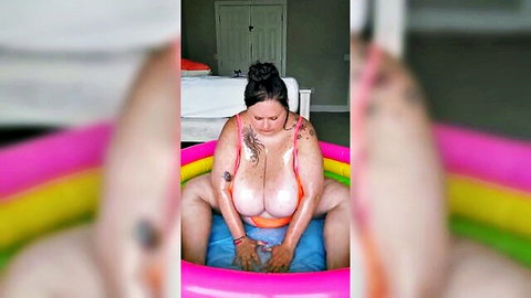 BBW Daytona in wet see-through bikini top, solo oily tease