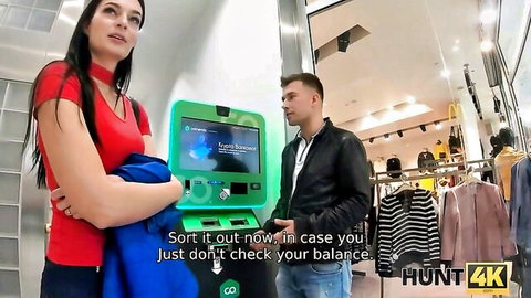 Brunette model in red outfit picked up by guy at ATM, Hunt4K public tease