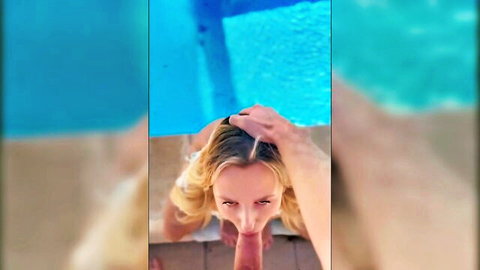 Blonde babe giving POV blowjob outdoors by pool, sensual outdoor sex