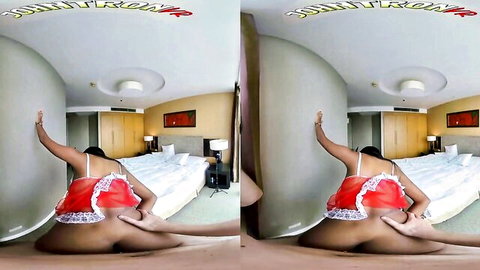 Ebony babe in red lace thong bends over showing juicy ass in hotel room VR POV