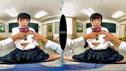 VR split-view of Asian teen schoolgirl with big ass spreading legs, exposing breasts in uniform