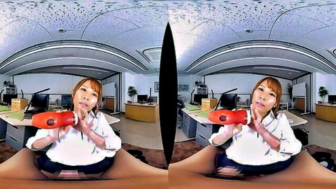 Asian teen temptress teases with red dildo in office VR