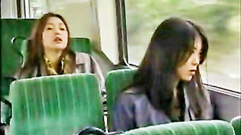 Two Japanese women in bus seats, censored lesbian JAV thumbnail