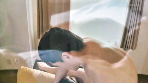 Skinny young Japanese guy bent over naked showing bare back and small ass in bedroom