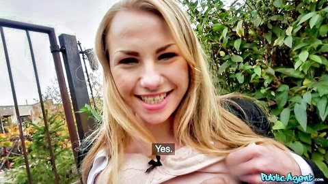 Madison Lust smiling with cleavage in outdoor public agent scene