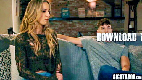 Blonde woman in lace top looks distressed next to young guy on couch, tension builds