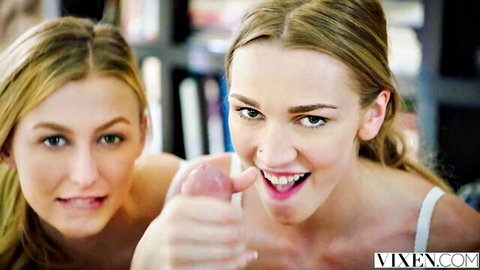Kendra Sunderland blonde in hot threesome, pointing at cock with friend