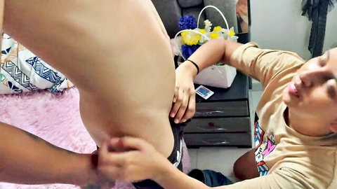 Stepsister caught in bro's clothes, undressed and fucked hard with creampie
