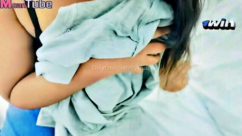 Tharudini Sri Lankan model teasing in light blue shirt and bra, big tits visible