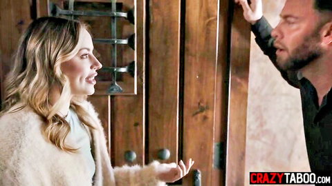 Blonde teen approached by stranger in cozy sweater scene