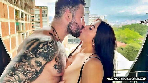 Silvana Lee Colombian MILF in black lingerie kissing tattooed stud passionately outdoors