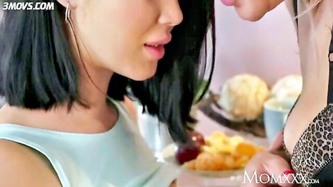 Blonde MILF with big tits seduces Asian hottie in intimate kitchen moment