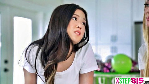 Petite Asian brunette stepsister eyes blonde teen in white tanks for taboo kitchen foreplay