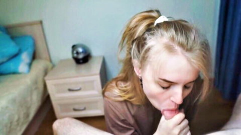 Blonde TenoriTaiga gives intense blowjob, mouth on cock closeup