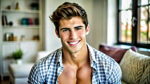 Muscular handsome young man smiling in open button-down shirt