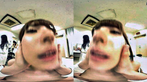 Distorted POV closeup of Japanese nurse babe making naughty ahegao face with hands on cheeks