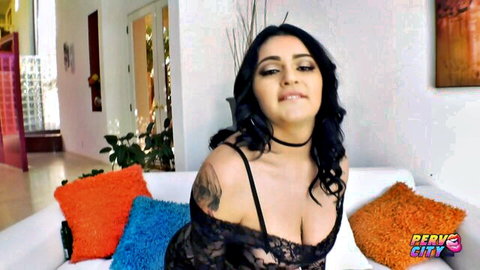 Big Booty Latina Carolina Cortez in black lace lingerie, smiling seductively