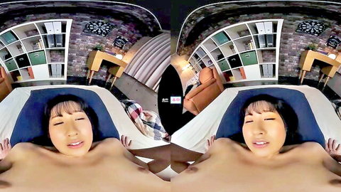 Nude Asian woman lying naked on bed, smiling seductively in POV