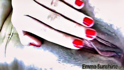 Amateur girl spreads wet shaved pussy with red fingernails closeup