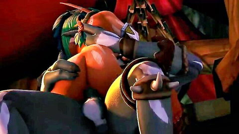 Busty orange fox girl rides tusked green orc's thick cock reverse cowgirl in animated hentai.