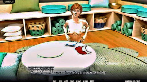 Topless redhead hentai girl with small perky tits posing hands on hips in bathroom
