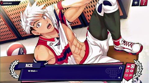 Muscular anime gay volleyball hunk lifting jersey exposing ripped abs and shorts bulge in locker room