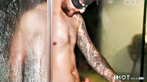 Tattooed muscular man in steamy shower, hardcore sex with blonde