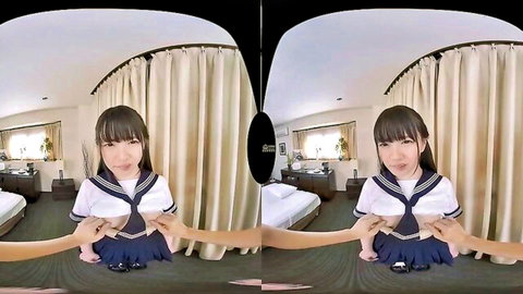 Japanese schoolgirl in VR teasing intimate encounter, seductive pose