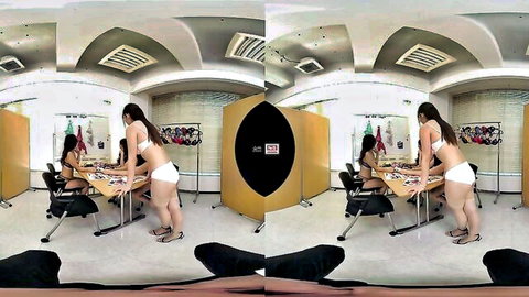 Two thick Japanese women in white thongs bend over table showing juicy asses in VR POV
