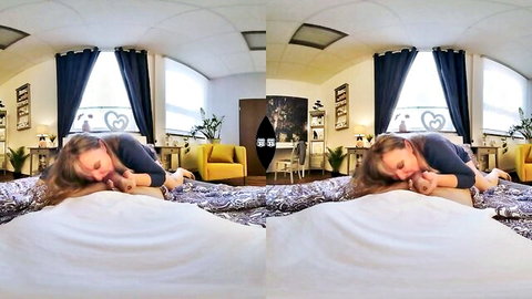 Blonde mature woman bottomless on bed, exposing wet pussy and ass from behind in seductive POV VR doggy pose.