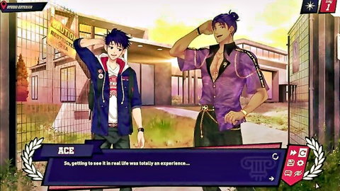 Anime jocks in school uniforms: blue-haired guy and purple-haired Zayne posing outdoors