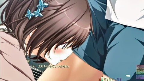 Blushing anime girl with brown hair and blue clips in intimate embrace, Chōmai Midori ep 3