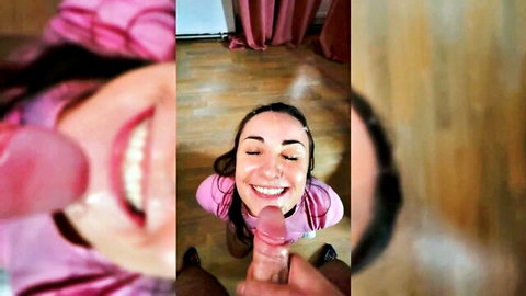 Smiling brunette with cum on face licks pink cock in naughty compilation