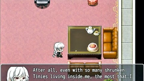 White-haired anime giantess stands in pink room discussing shrunken tinies living inside her