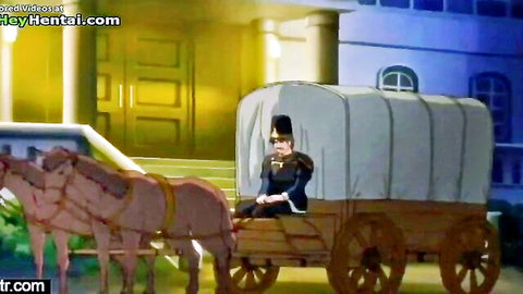 Anime soldier in military uniform sits in horse-drawn carriage outside lit mansion in hentai scene