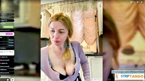 Amazoniiaa blonde busty milf teases with massive cleavage in open purple cardigan on webcam