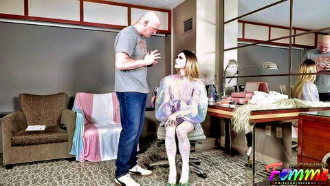 Pale blonde in sheer gown auditioning for drag show with director, HD