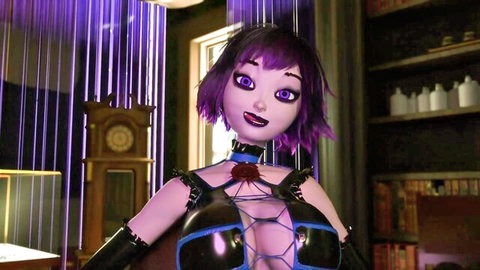 3D toon purple-haired babe in revealing latex outfit for naughty threesome