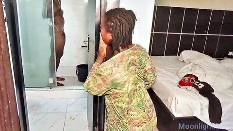 Ebony stepmom in green dress peeks at stepson's BBC in shower