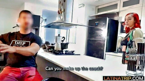 Amateur Hispanic cleaning lady with red hair in kitchen roleplay, talking to man