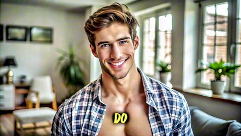 Handsome muscular Caucasian man smiling with open plaid shirt