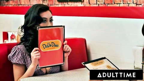 Hailey Rose in sexy checkered top holding Dulce Diner menu, cleavage tease, Adult Time