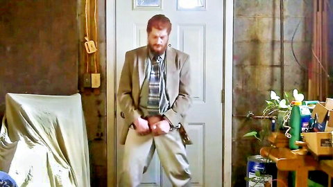 Israeli dad with huge cock jerks off in suit, solo masturbation